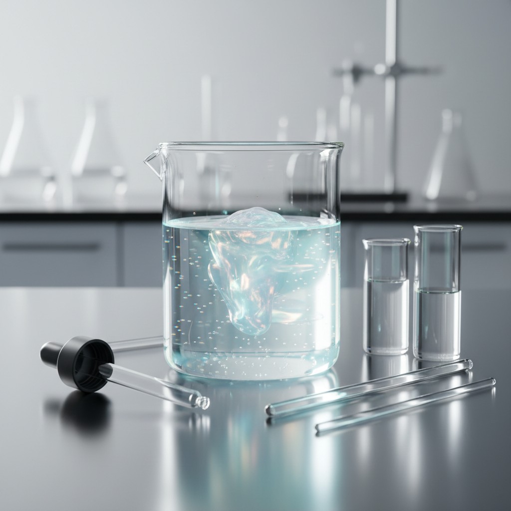 Beaker with a blue liquid, test tubes, and pipette. Laboratory setting.